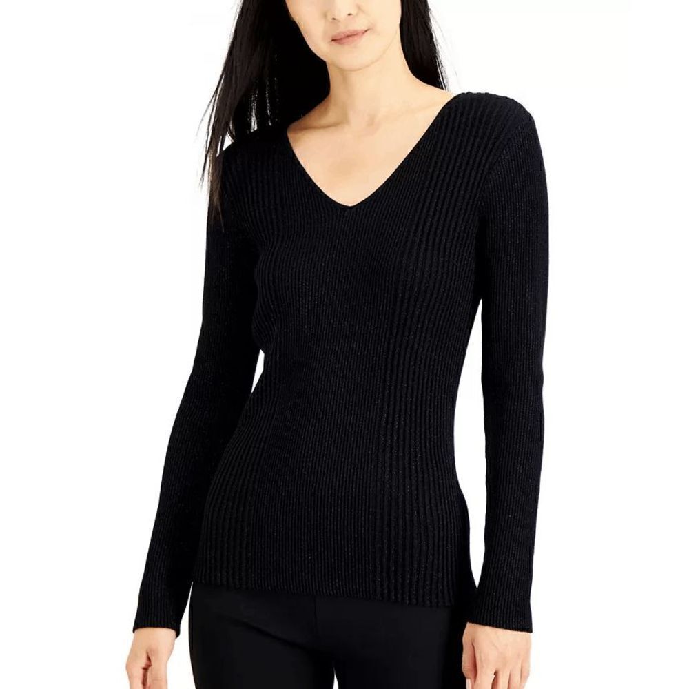 ALFANI Plus Size Ribbed Shine V-Neck Top 1X
